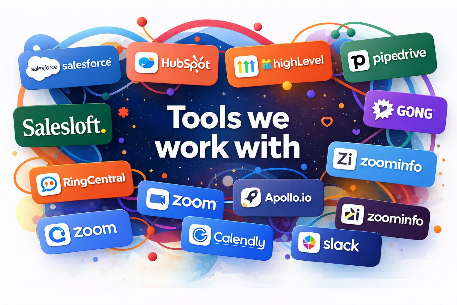 Tools we work with - Salesforce, HubSpot, GoHighLevel, Pipedrive, Salesloft, Gong, RingCentral, Zoom, Apollo.io, ZoomInfo, Calendly, Slack